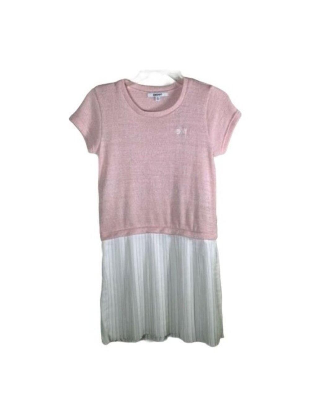DKNY Girls XL Pink White Pleated Dress Short Sleeve Knit Casual